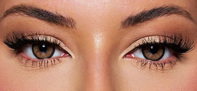 Front view of a model wearing hazel Brown colored contact lenses paired with dramatic lashes and soft glam makeup – a bold, mesmerizing look by KIISBEAUTY.