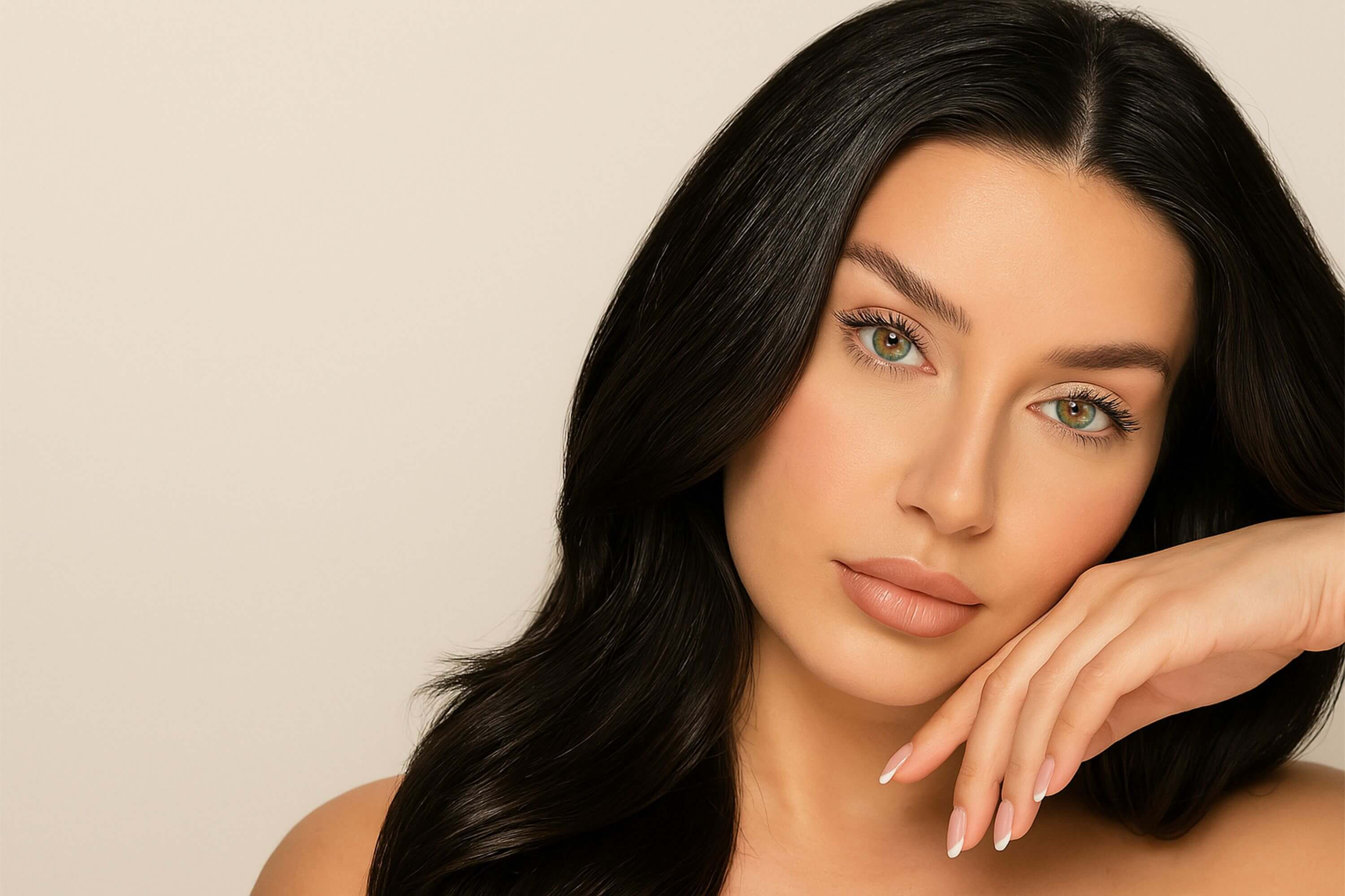 Woman wearing KIISBEAUTY colored contact lenses in green, elegant and natural beauty look - model Amira