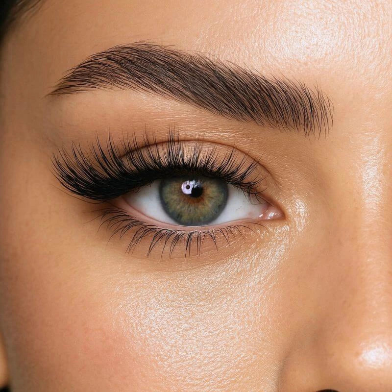 Ocean Hazel green colored contact lens on eye with long lashes – bold and vibrant eye look