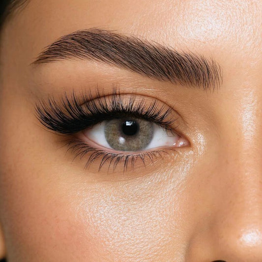 Close-up of olive green colored contact lens with a soft, realistic finish – paired with bold lashes and sculpted brows for a captivating, earthy glam look.
