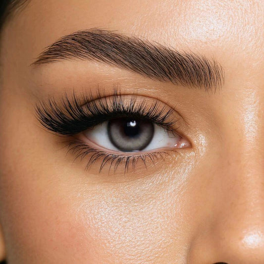 Close-up of silver grey colored contact lens with natural glam makeup and fluffy lashes – a bold and futuristic eye look by KIISBEAUTY.